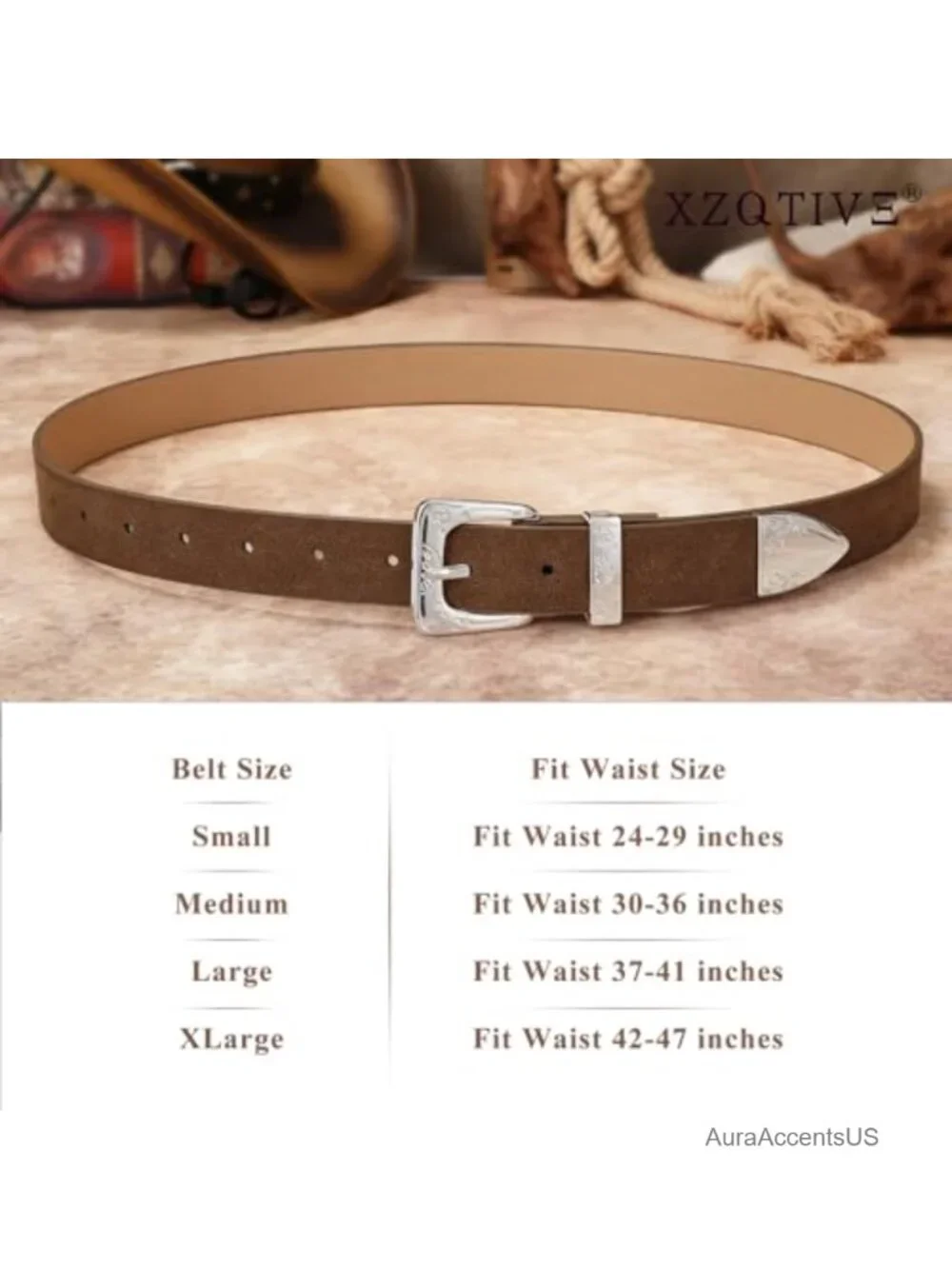 Women's Western Suede Belt with Floral Engraved Silver Buckle